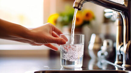 fresh water being poured into a glass on a counter top